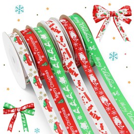 6 Rolls x 10 Yards Christmas Ribbon Gift Wrapping 3/8 Inch, Christmas Grosgrain Printed Assorted Satin Ribbon for Xmas Holiday Birthday Party Gifts Decoration DIY Crafts Sewing Hair Bow Clip Favors
