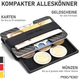 POCARDO Credit Card Holder with Coin Compartment, Multitool & RFID Blocker Card, Small Carbon Wallet, Chili Red and Deep Black, Minimalist