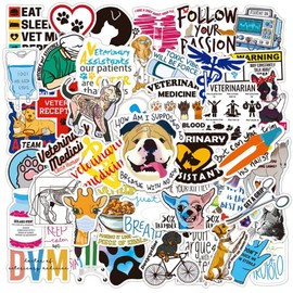 50 Pcs Funny Veterinary Stickers and Decals, Cute Veterinarians Vinyl PVC Waterproof Stickers for Water Bottle Skateboard Luggage Laptop Computer Phone, Vet Tech Party Favors for Kids Teens Adults
