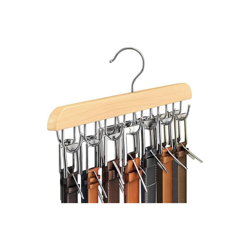 16 Hooks Belt Hanger Wooden Belt Rack, Space Saving Closet