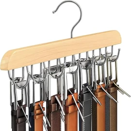 16 Hooks Belt Hanger Wooden Belt Rack, Space Saving Closet Organizers and Hanging Holder for Ties, Tank Tops (Log Color)