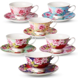 BTaT- Tea Cups and Saucers, Set of 6, 8 oz, Floral Design, Porcelain Tea Cup Sets, Dishwasher Safe