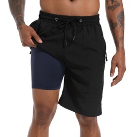 Mens Swim Trunks with Compression Liner, Men Bathing Suit Swimming Trunks 9 Inch Inseam Board Shorts Men's Swimwear with Zipper Pockets, 4 Way Stretch Beach Shorts Quick Dry Swimsuits, 4XL