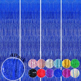Slmeno 4 Pack Blue Foil Fringe Backdrop Curtains, 12.8x8.2 Feet Glitter Tinsel Curtain Party Streamers Backdrop for Graduation Decorations, Birthday Party Decorations, Ocean Themed Party Decor