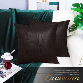 BRAWARM Brown Leather Throw Pillows 16 X 16 Inches - Snake Leather Pillow Covers Pack of 2, Faux Leather Decorative Pillow Covers for Couch Living Room Garden Bed Sofa Home