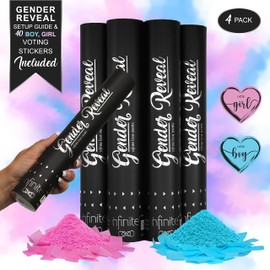 48 Pc Gender Reveal Confetti Powder Cannon Set - 2 Blue & 2 Pink Poppers - Gender Reveal Stickers - 40 pcs (20 Boy, 20 Girl) - Gender Reveal Party Supplies - Smoke Powder & Confetti Sticks Cannons