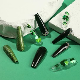 24 Pcs St Patricks Day Press on Nails Green RIICFDD Long Coffin Fake Nails with Glitter Designs Lucky Shamrock Acrylic False Nails Rhinestone Full Clover Stick on Nails for Women Girls Nail Art