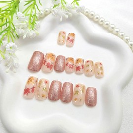 Square Press on Nails Medium Fake Nails with Maple Leaves Designs Pink Glitter Glue on Nails Fall Acrylic Nails Nude White False Nails Artificial Stick on Nails for Women 24Pcs