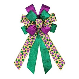 Large Mardi Gras Bow for Wreath, Purple Green Gitter Dots Bow for Mardi Gras Decoration - Sequin Bow for Front Door Indoor Outdoor Wall Mardi Gras Party Supplies Ornament