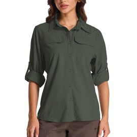 Womens Sun Protection Safari Shirts UPF 50+ UV Long Sleeve Outdoor Cool Quick Dry Fishing Hiking Shirts (5083 Army Green S)