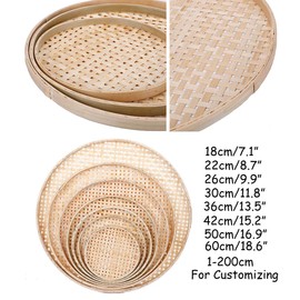 100% Handwoven Flat Wicker Round Fruit Basket Woven Food Storage Weaved Shallow Tray Organizer Holder Bowl Decorative Rack Display Kids DIY Drawing Board (Sqaure Hollow-Bamboo White, 18cm/7")