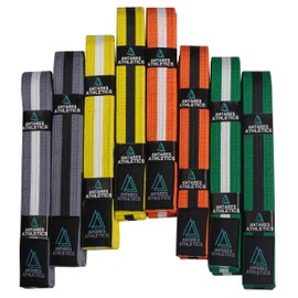 Antares Athletics - Cinturones brasileños Jiu Jitsu Preshurunk para artes marciales juveniles BJJ para niñas y niños con rayas de clasificación BJJ, amarillo blanco, K3