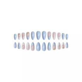 3D Press on Nails Almond Fake Nails with Star Pearl designs Summer False Nails Glossy Full Cover Ocean Stick on Nails French Tip Press ones Acrylic Nails Glitter Glue on Nails for Women Manicure24pcs