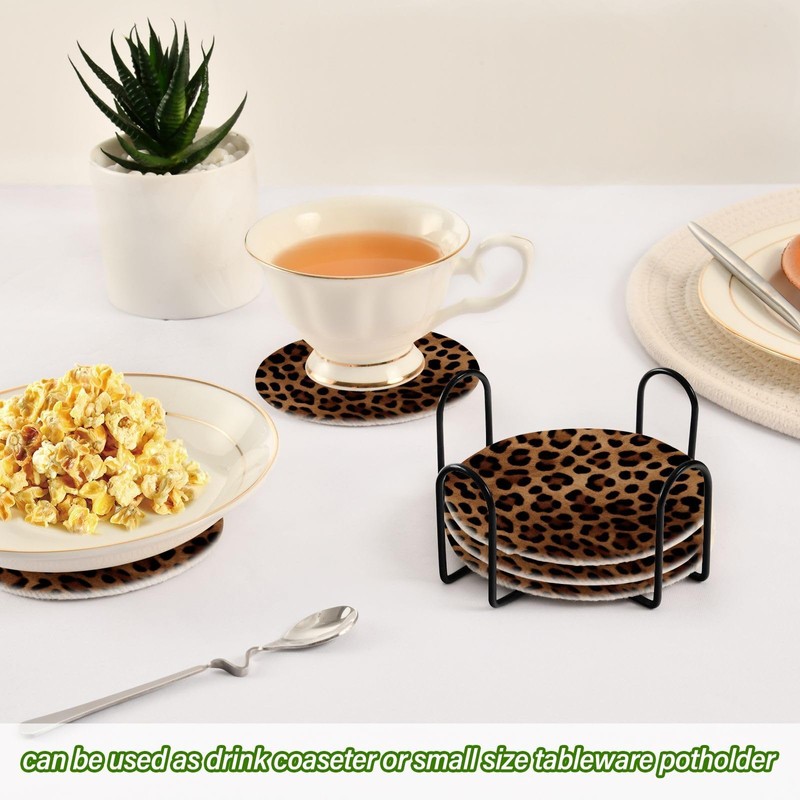 SDMKA Leopard Print 6 Pcs Cotton Woven Coasters with Holder