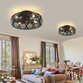 Caged Ceiling Fans with Lights Flush Mount,Low Profile Ceiling Fan with Remote,Enclosed Ceiling Fan for Bedroom Living Room,20"Smart Bladeless,6 Speeds Reversible Silent Fandalier(5 E26 bulb Include)