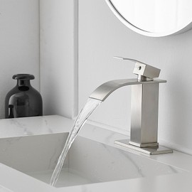 Bathfinesse Bathroom Sink Faucet Single Handle Waterfall Bathroom Faucets Stainless Steel Lavatory Commercial Vanity Faucets with Sink Drain Assembly and Basin Plate Deck Mount,Brushed Nickel