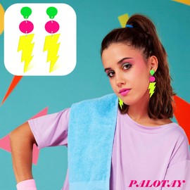 Palotay 80s Neon Earrings for Women Colorful Retro Acrylic Lightning Bolt Earrings 80s Neon Accessories for Glow Party Yellow Lightning