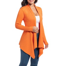 Women's Draped Open Front Cardigan, Soft Ribbed Knit Outerwear with Asymmetrical Hem Lightweight Long Sleeve Sweater, Orange L