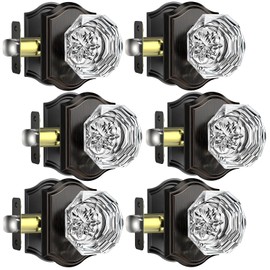 Calzibeno 6 Pack Glass Door Knobs, Oil Rubbed Bronze Crystal Door Knobs Interior with Lock for Privacy Use, Diamond Glass Door Knobs for Bedroom Bathroom, Vintage Crystal Door Knob Set