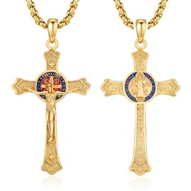 DRINSPER St Benedict Crucifix Medals Necklace Medalla De San Benito 925 Sterling Silver Patron San Benito Medalla Catholic Cross Pendant Religious Amulet Jewelry Gifts for Men Women,Gold