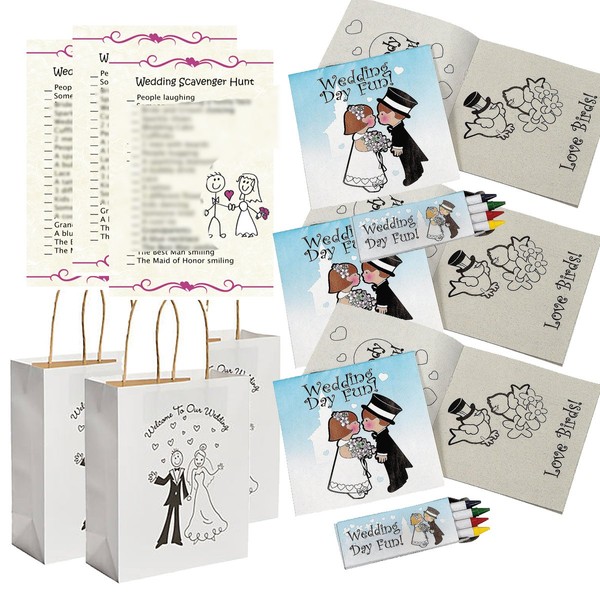 Wedding Activities for Kids - Individually Packaged Wedding Coloring Books and Crayons (12), Wedding Favor Bags (12) and Wedding Scavenger Hunt Sheets (25)