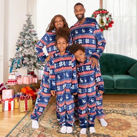 PopReal Christmas Pajamas for Family Onesies Plus Size and Dog, Matching PJs Hoodie Sleeper Snowflake Plush Cozy Warm Blue