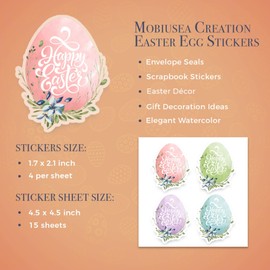 Mobiusea Creation Mobiusea Creation Easter Stickers | 60-Pack | 1.7 x 2.1 inch | Watercolor Bunny Flowers Happy Easter Clear Labels