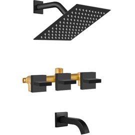 Midanya 3 Handle Tub Shower Faucet with Tub Spout,8-inch Rainfall Bathtub Rain Shower Faucet Set and Rough-in Valve Wall Mount Bathroom Trim Kit Shower System, Square Shower Head Matte Black