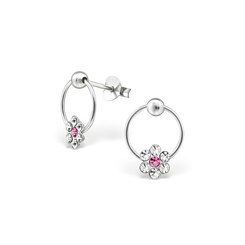 Flower Hoop Dangling Earrings with Crystal Stones - 925 Sterling