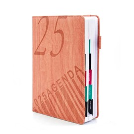 HW CASA 2025 Daily Planner Notebook A5 200 Pages Daily Planner with Wood Grain Embossed PU Leather Cover, Single Page Design and Coloured Monthly Labels, Pink