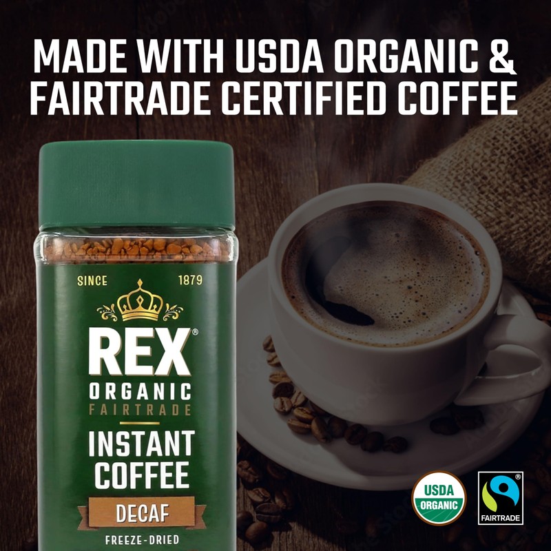 Rex Organic Fairtrade Decaf Freeze-Dried Instant Coffee – Naturally Decaffeinated