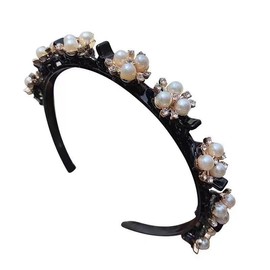 Headband Faux Pearl Small Clips Headband Non-Slip Bangs Clip Hair Hoop Hair Accessories (Black, One size)