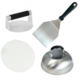 HTT Global Burger Press Kit with Burger Smasher, 12'' Smash Burger Spatula, 9'' Cheese Melting Dome, & 50 Wax Discs for Burger Press, Smash Burger Press, Smash Burger Kit (4 Pcs)