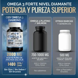 Omega 3 Diamond Forte 2000mg Aceite Anchoa | Máxima Pureza Diamante Platinum | Epa Dha - Tg | Oby Suplemento Omega Tres Fish Oil | Vitaminas Mujer Hom