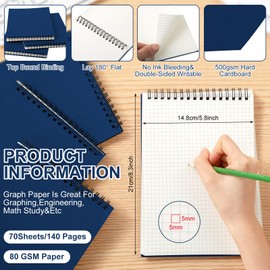 Engrowtic 6 Pack Graph Paper Spiral Notepad A5 Top Wirebound Notepad Grid Notebook Steno Pads Memo Notebook Grid Paper 140 Pages for Writing Sketching Drawing Office Supplies (Blue)