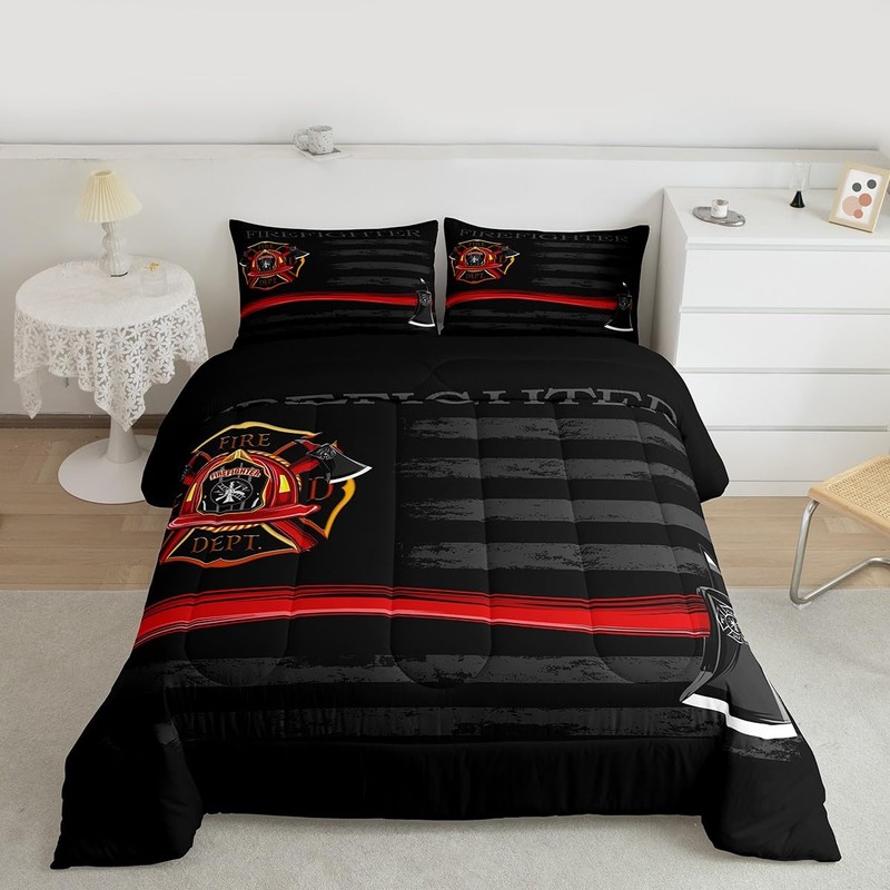 Firefighter Comforter Set Queen Size,American Flag Geometric Stripes Bedding Set,Boys