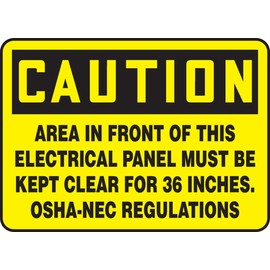 Accuform MELC639VS Adhesive Vinyl Safety Sign, Legend "CAUTION AREA IN FRONT OF THIS ELECTRICAL PANEL MUST BE KEPT CLEAR FOR 36 INCHES. OSHA-NEC REGULATIONS", 7" Length x 10" Width x 0.004" Thickness,