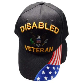 Disabled Veteran w/Eagle, USA Flag On Bill Black Embroidered Adjustable Baseball Hat Cap