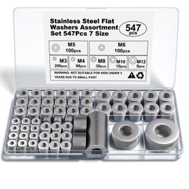 Kviceo Stainless Steel Flat Washers Assortment, 18-8 (304) Stainless Steel, 547-Piece Set (Assorted Metric Sizes M3-M12, 3mm, 4mm, 5mm, 6mm, 8mm, 10mm, 12mm) with Plastic Storage Case