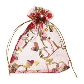 sourcing map Organza Bag 5" x 7", Sheer Heart Mesh Bags Drawstring Gift Bags Bulk Party Favor Bag Jewelry Pouches for Wedding Candy Valentines Wedding Festival (Red-Gold, Pack of 50)