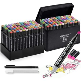 Alcohol,84 Colors Dual Tip Coloring Markers for Adults,Markers for Adults,Give 1 White Highlighter,1 Tracing Pen,Coloring Illustrations Sketch Drawing Painting Card Making(Black Pen Container)