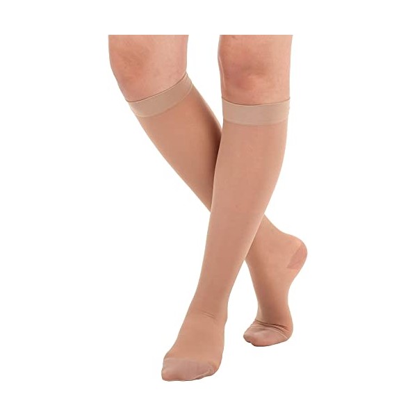 Made in USA - Size Large - Sheer Compression Socks for Women Circulation 15-20 mmHg - Lightweight Long Compression Knee High Support Stockings for Ladies - Beige