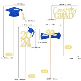 Gexolenu 16 PCS Gold and Blue Double-Sided 2024 Graduation Centerpieces for Tables, 2024 Table Toppers Party Centerpiece Sticks Party Supplies, Graduation Party Decorations Class of 2024, Set of 4