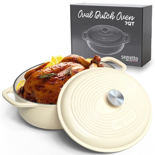 Segretto Cookware Enameled Oval Cast Iron Dutch Oven with Handle,