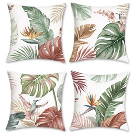 Bonhause Set of 4 Cushion Covers, Tropical Leaves, 45 x 45 cm, Watercolour Leaves, Bird Velvet, Soft Decorative Cushion Covers for Sofa, Home, Garden Decoration