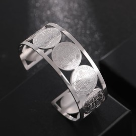 NIGHTCRUZ Cross St. Benedict Christian Bracelet, Virgin Mary Catholic Stainless Steel Cuff Bangle