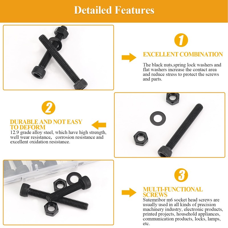 62 Pieces M6 x 30/35/40/45/50mm Hex Socket Head Cap Screws