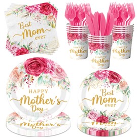 Happy Mother's Day Party Plates Napkins Cups Best Mom Ever Theme Mother's Day Party Supplies for Mothers Day Party Decorations, Serve 24 Guests
