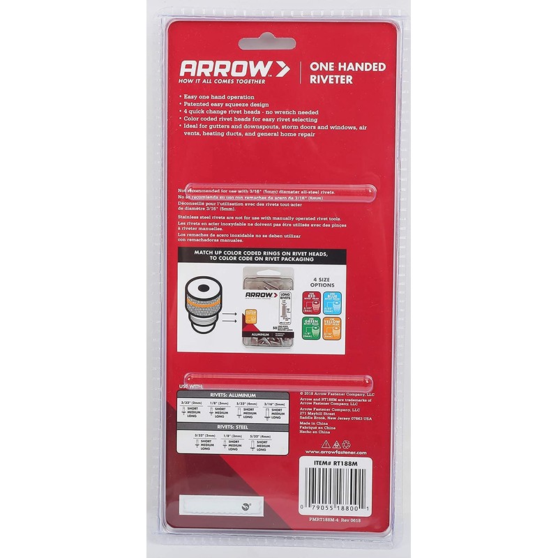 Arrow RT188M One-Handed Pop Rivet Gun, Manual Riveter for Metal,