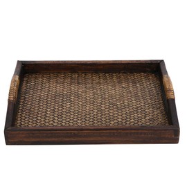 Woven Rattan Rectangle Serving Tray, 9 in Hand Woven Rattan Serving Tray Hand-Made with Raised Handles and Wood on All Sides Decorative for Dining Coffee Table Tea Party